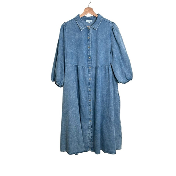 Baltic Born Blue Chambray Acid Wash Cotton Sari Babydoll Dress Plus Size 1XL - Picture 2 of 6